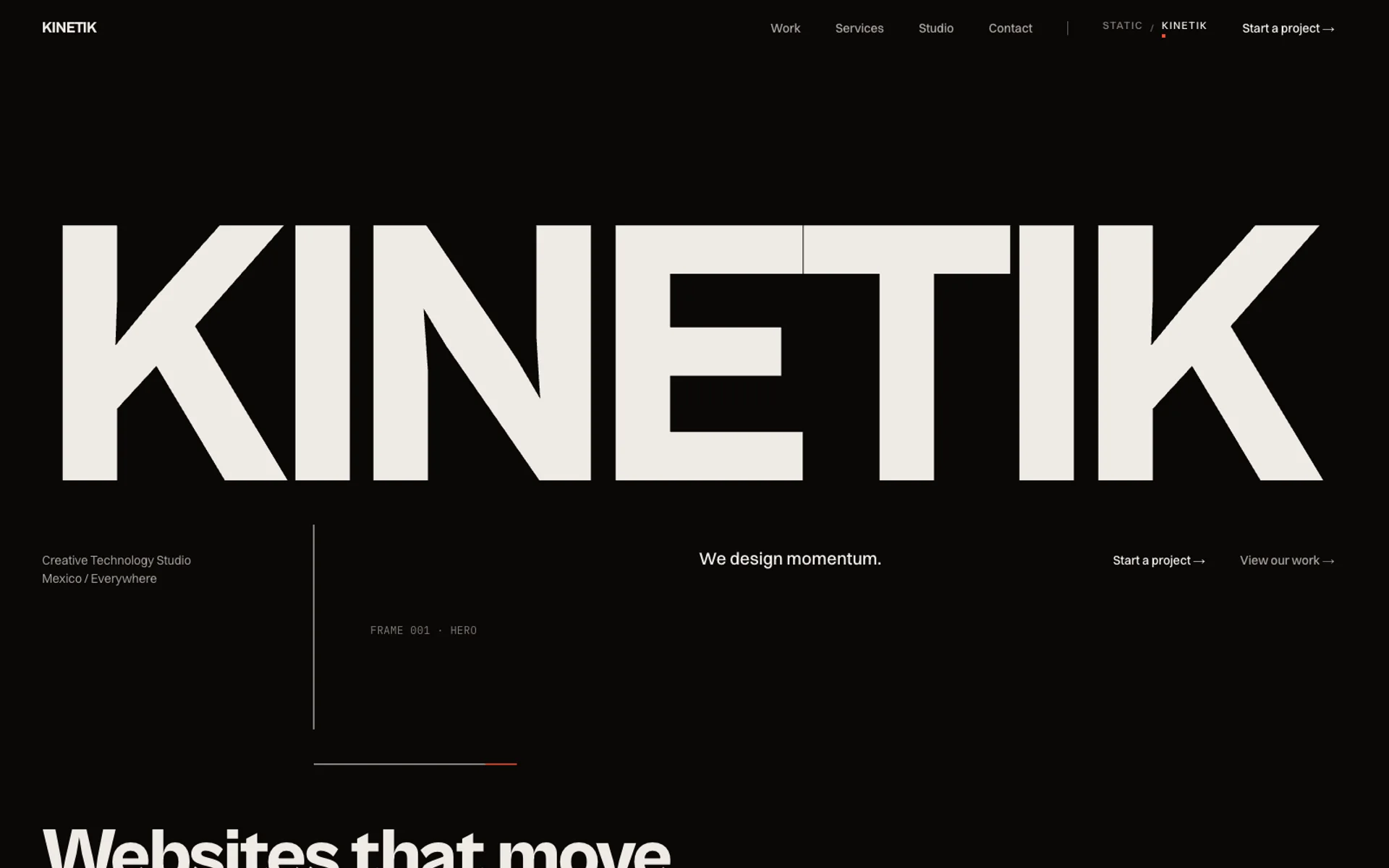 The KINETIK homepage at rest: the wordmark filling the fold on dark paper